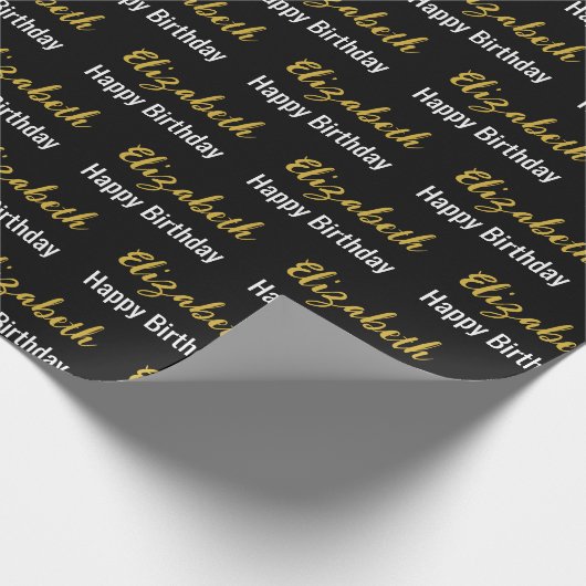 Happy Birthday Gold Script Name Schwarz und Weiß Geschenkpapier (Ecke)