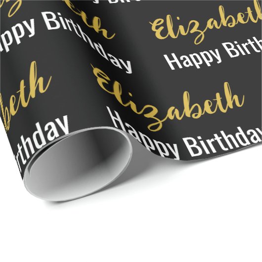 Happy Birthday Gold Script Name Schwarz und Weiß Geschenkpapier (Rolleneckpunkt)