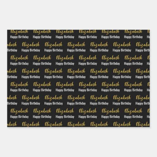 Happy Birthday Gold Script Name Schwarz und Weiß Geschenkpapier Set (Vorderseite 3)