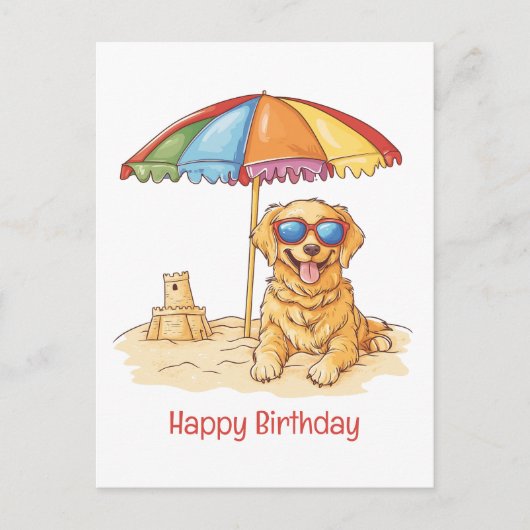 Happy Birthday Golden Retriever Beach Hund Postkarte (Vorderseite)