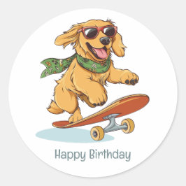 Happy Birthday Golden Retriever Dog Skateboarding Runder Aufkleber