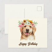 Happy Birthday Golden Retriever Hund mit Blume Postkarte (Vorne/Hinten)
