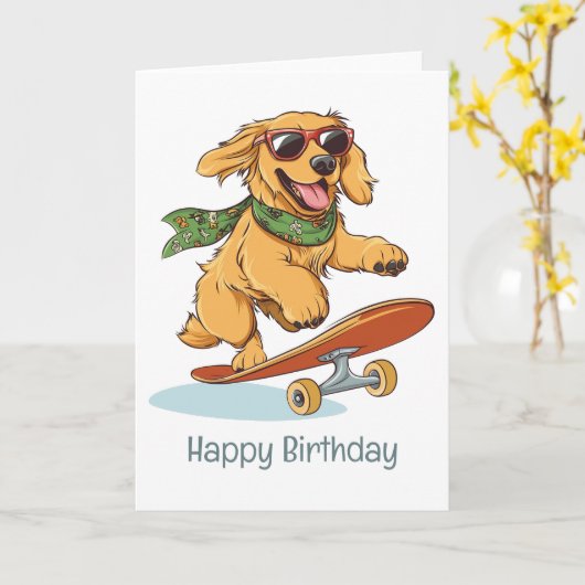 Happy Birthday Golden Retriever Hund Skateboarding Karte (Gelbe Blume)