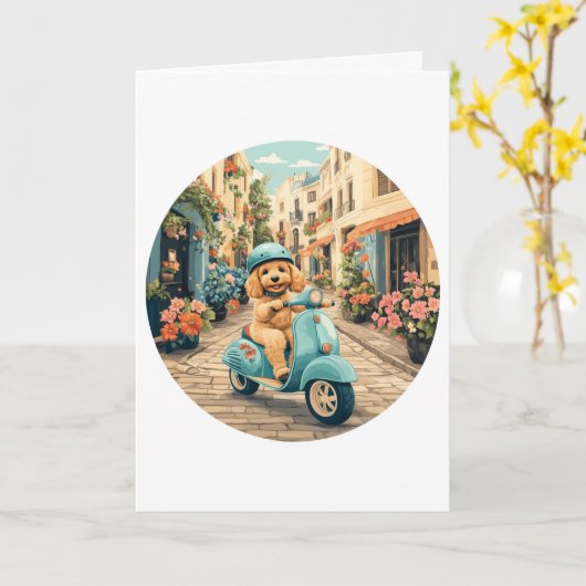 Happy Birthday Goldendoodle Dog Riding Scooter Karte (Gelbe Blume)