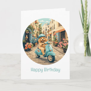 Happy Birthday Goldendoodle Dog Riding Scooter Karte