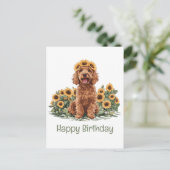Happy Birthday Goldendoodle Dog Sonnenblumenkrone Postkarte (Stehend Vorderseite)