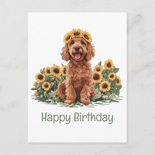 Happy Birthday Goldendoodle Dog Sonnenblumenkrone Postkarte (Vorderseite)