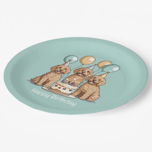 Happy Birthday Goldendoodle Hunde Pappteller (Schrägansicht)