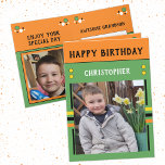 Happy Birthday Grandson besten Tag Foto Name grün Karte<br><div class="desc">Grußkarte für deinen Enkel. Fügen Sie zwei Fotos,  Name und Nachricht hinzu. In Grün,  Orange,  Gelb,  Streifen und Punkten. Das beste Kind aller Zeiten.</div>
