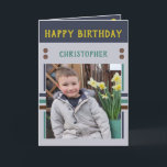 Happy Birthday Grandson Besttag Foto Name grau Karte<br><div class="desc">Grandson Geburtstagskarte. Fügen Sie zwei Fotos,  Name und Nachricht hinzu. In Grün,  Gelb,  Grau,  Streifen und Punkten. Das beste Kind aller Zeiten.</div>