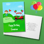 Happy Birthday Grandson Boy Golfer auf Golfplatz Karte<br><div class="desc">Diese golfbezogene Geburtstagskarte für Enkel ist ein Loch in one! Es ist perfekt für einen kleinen Golfspieler geeignet und verfügt über einen hellen,  roten Golfwagen mit bunten Ballons,  einen lustigen Geburtstagskuchen mit Golfball und einen kleinen Jungen Golfer,  der bereit ist,  auf das Grün zu setzen.</div>