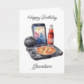 Happy Birthday Grandson Gaming und Pizza Karte (Vorderseite)