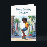 Happy Birthday Grandson | Junge auf dem Fahrrad in Karte<br><div class="desc">Niedliche personalisierte Geburtstagskarte für einen Enkel. Afroamerikanischer Junge,  der mit dem Fahrrad die Straßen der Stadt durchquert.</div>