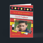 Happy Birthday Grandson rot-schwarzes Foto Karte<br><div class="desc">Personalisieren Sie diese Geburtstagskarte für Ihren Enkel in rot,  schwarz,  gelb und grau Fügen Sie seinen Namen Happy Birthday Zu einem besonderen Grandson Einen schönen Tag</div>