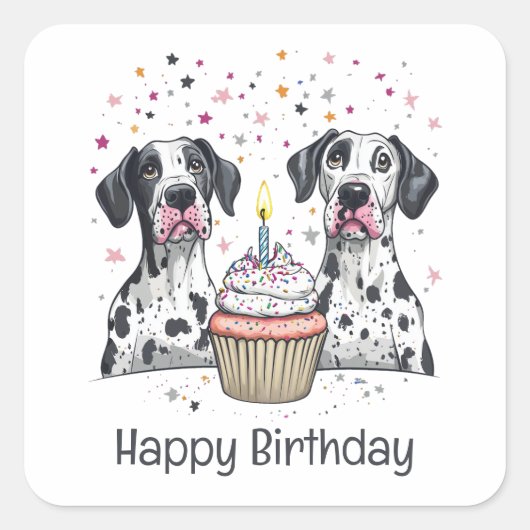 Happy Birthday Great Dane Hunde Cupcake Quadratischer Aufkleber (Vorderseite)