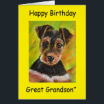 Happy Birthday Great Grandson<br><div class="desc">Malerei auf niedlichen kleinen Terrier mit gelber Grenze und die Nachricht "Happy Birthday Great Grandson".</div>