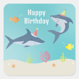 Happy Birthday Great White Shark Cartoon Quadratischer Aufkleber