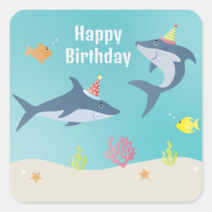 Happy Birthday Great White Shark Cartoon Quadratischer Aufkleber
