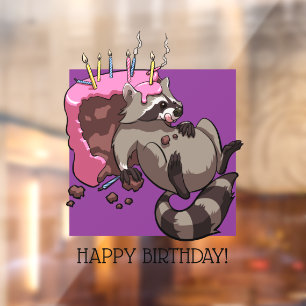 Happy Birthday Greedy Raccoon Cake Cartoon Fensteraufkleber
