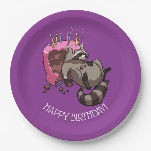 Happy Birthday Greedy Raccoon Cake Cartoon Pappteller (Vorderseite)