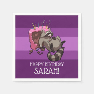 Happy Birthday Greedy Raccoon Cake Cartoon Serviette