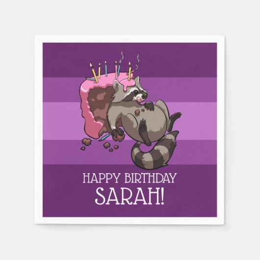 Happy Birthday Greedy Raccoon Cake Cartoon Serviette (Vorderseite)