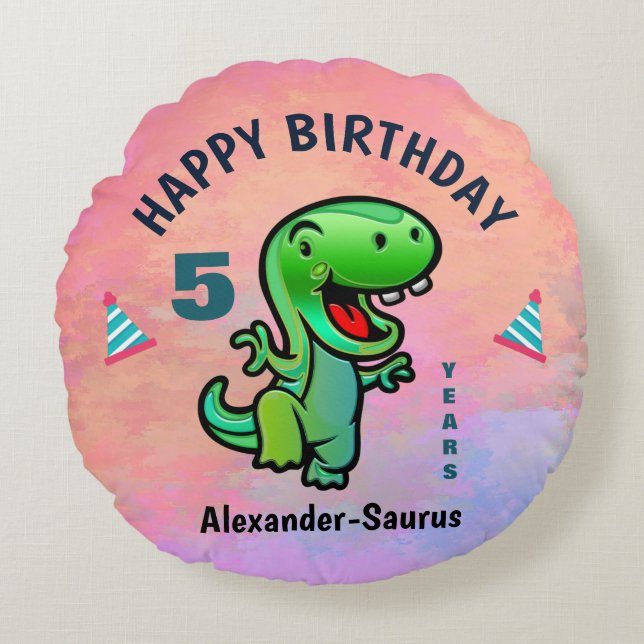Happy Birthday Green Dinosaur personalize Rundes Kissen (Vorderseite)