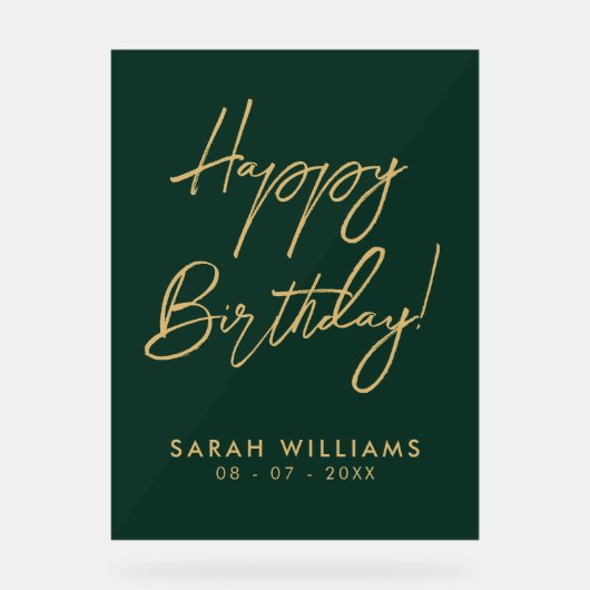 Happy Birthday Green Gold Modern Script Acrylschild (Vorderseite)