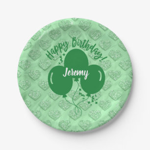 Happy Birthday Green Hearts Balloons Personalisier Pappteller