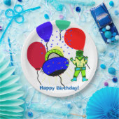 Happy Birthday Green Robot Boy Blue Spaceship Pappteller (Party)