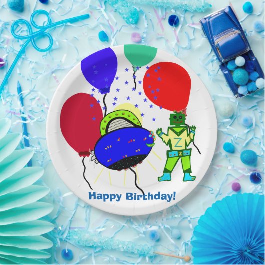 Happy Birthday Green Robot Boy Blue Spaceship Pappteller (Party)