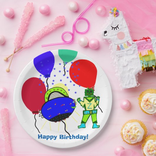 Happy Birthday Green Robot Boy Blue Spaceship Pappteller (Party)