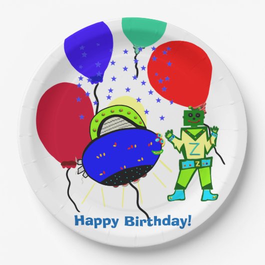 Happy Birthday Green Robot Boy Blue Spaceship Pappteller (Vorderseite)
