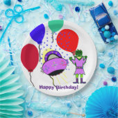 Happy Birthday Green Robot Pink Lila Raumschiff Pappteller (Party)