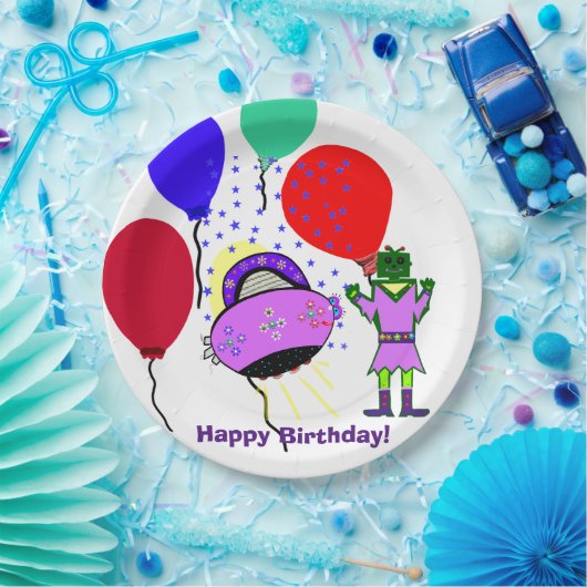 Happy Birthday Green Robot Pink Lila Raumschiff Pappteller (Party)