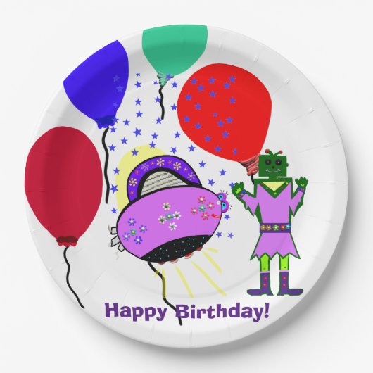 Happy Birthday Green Robot Pink Lila Raumschiff Pappteller (Vorderseite)