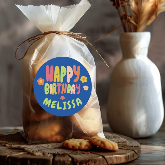 HAPPY BIRTHDAY Groovy Daisies COLORFUL CUSTOM Runder Aufkleber