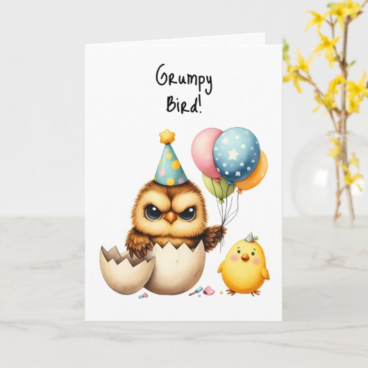 Happy Birthday Grumpy Bird hatched Egg Balloons Karte (Gelbe Blume)