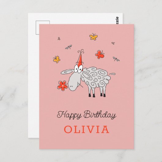 Happy Birthday Hat Niedlichen Cartoon Lambkin Blum Postkarte (Vorne/Hinten)