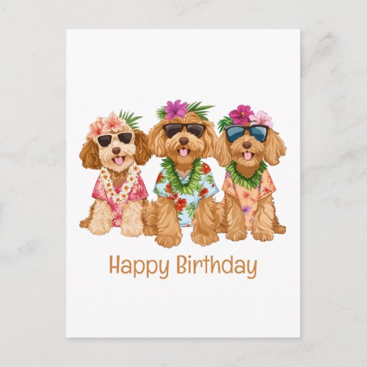 Happy Birthday Hawaiian Goldendoodle Hunde Postkarte (Vorderseite)