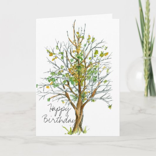 Happy Birthday Herbstbaum Pen und Tinte Zeichnend Karte (Vorderseite)