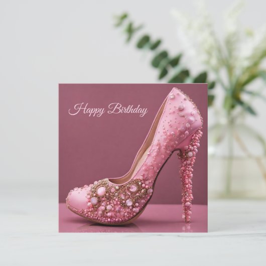 Happy Birthday High Heel Pink Fashion Shoe Karte (Stehend Vorderseite)