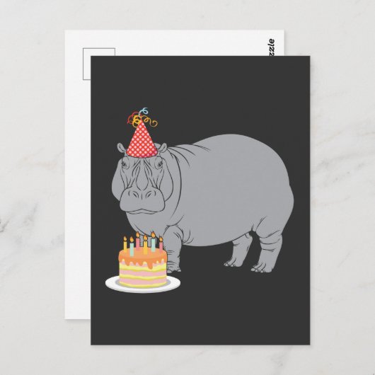 Happy Birthday Hippo Zoo Animal Party Hat Cake Postkarte (Vorne/Hinten)