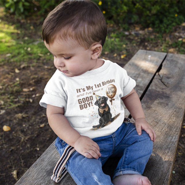 Happy Birthday Honoree Black Lab Custom Baby T-shirt (happy birthday for boy t-shirt black labrador dog puppy balloon party hat confetti )