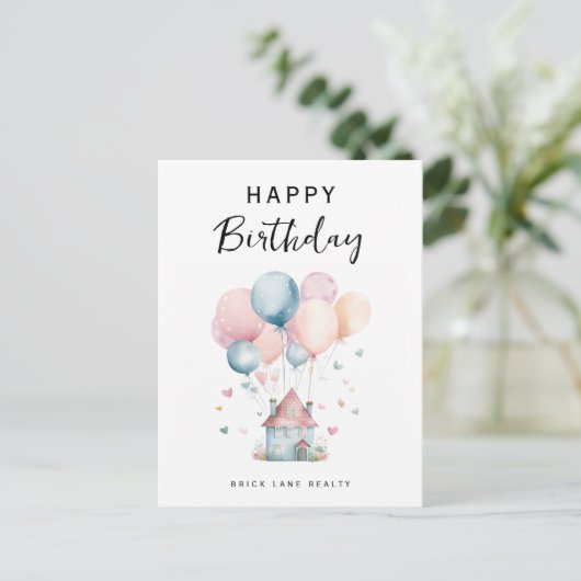Happy Birthday House Balloons Realty Postkarte (Stehend Vorderseite)