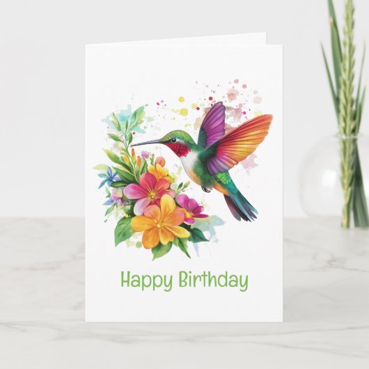 Happy Birthday Hummingbird Tropical Blume Karte (Vorderseite)