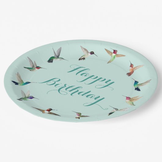 Happy Birthday Hummingbirds Pappteller (Schrägansicht)