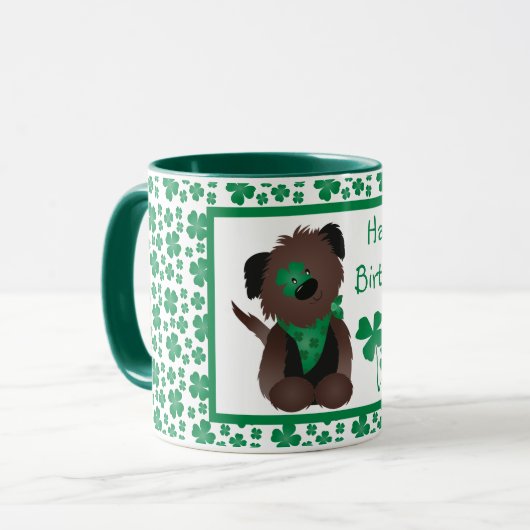 Happy Birthday Hund Kleeblatt Grün Tasse (Vorderseite Links)