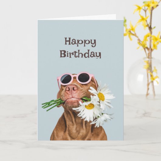 Happy Birthday Hund mit Blume Spaß Tier Karte (Gelbe Blume)