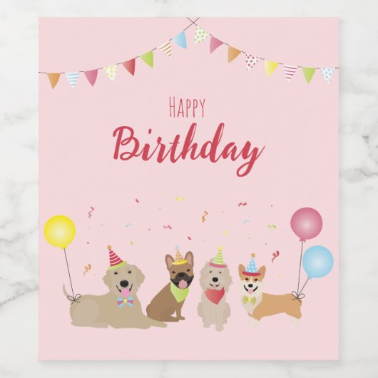 Happy Birthday Hund Party Square Sticker Weinetikett (Einzelnes Label)